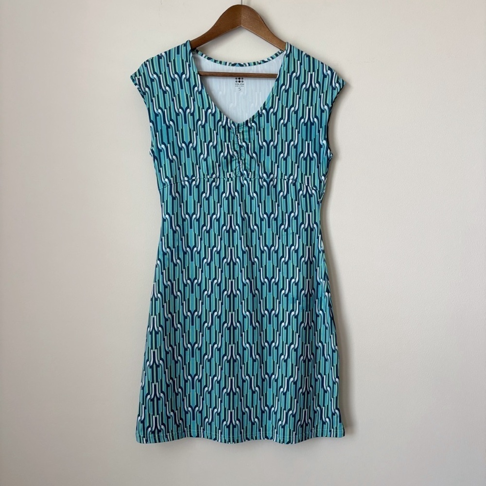 Title Nine Teal Geo Print Diamalete Ruched V Neck Dress Small